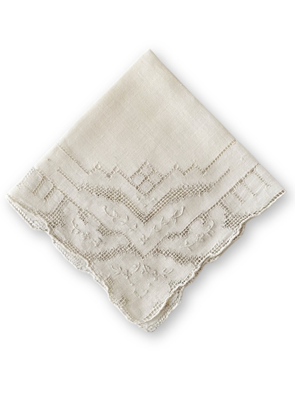 Antique Midcentury Off White Linen Floral Scalloped Embroidered Handkerchief